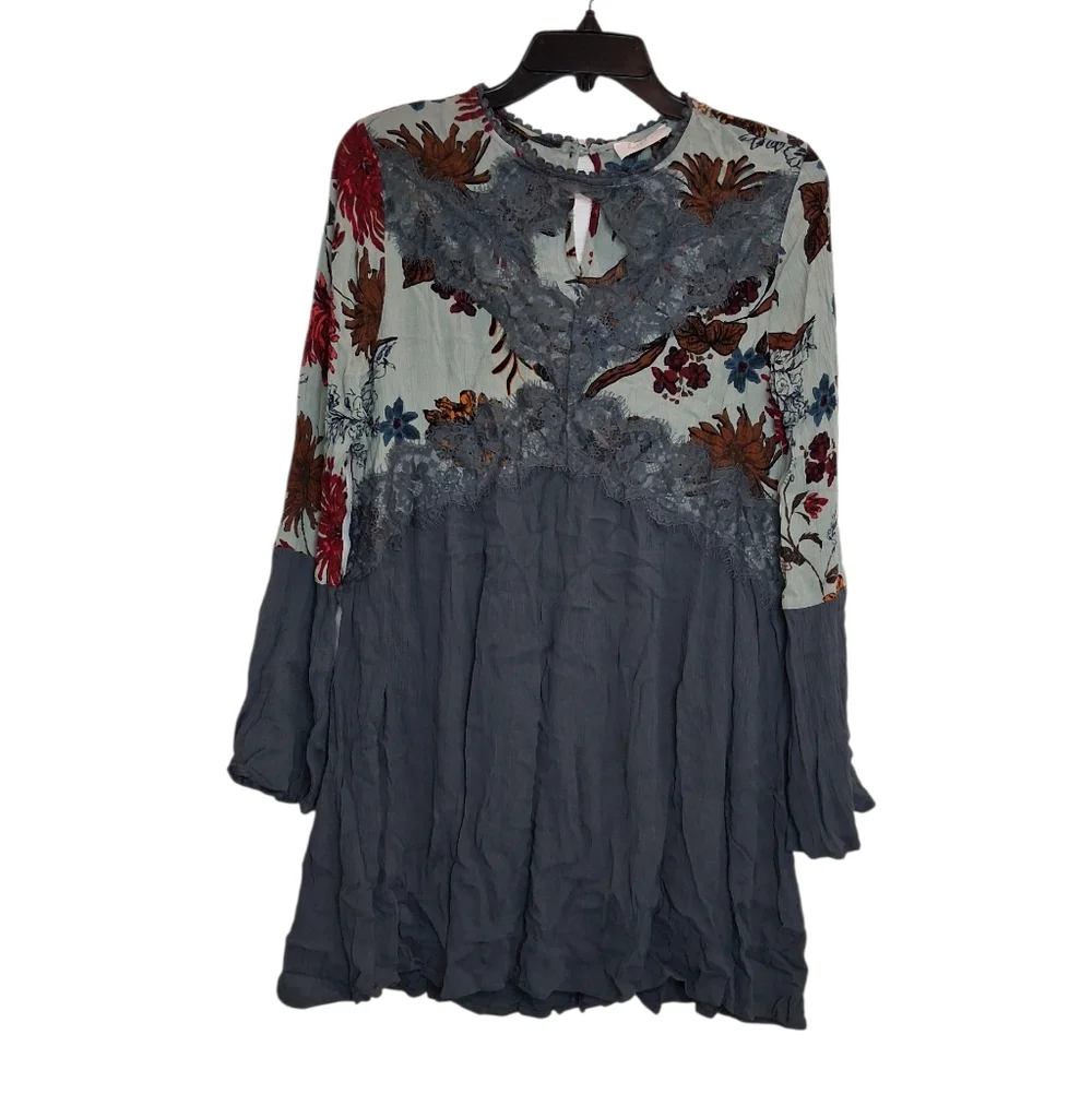 Hallela Floral Print Women's Keyhole Boho Tunic Dress With Lace Detail Size S